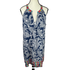 THML Mini Shift Dress L Large Blue Paisley Halter V Neck Embroidered Boho Chic